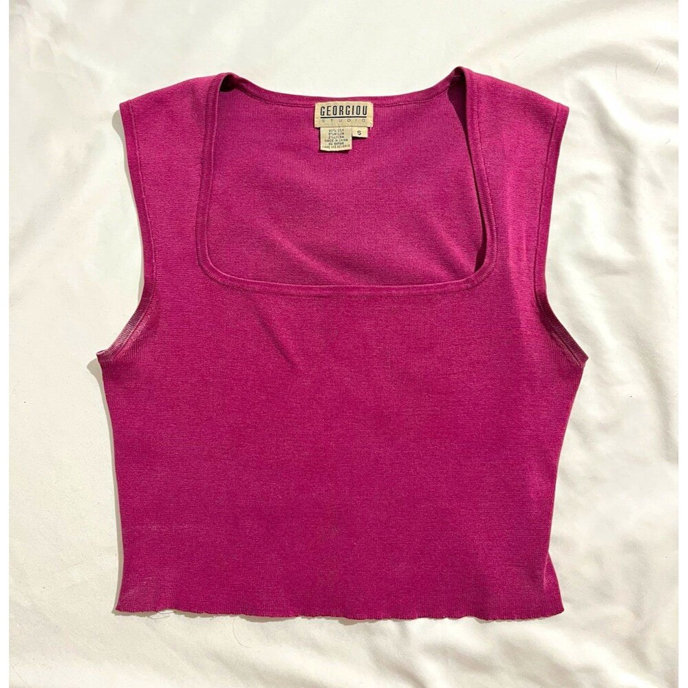 Georgiou Studio Women’s Pink Silk Blend Knit Square Neck Cropped Tank, S